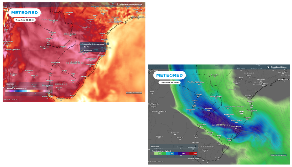 Previsão de anomalia de temperatura (esquerda) e de rio atmosférico (direita) para terça-feira (28), segundo o ECMWF. Previsão de anomalia de temperatura (esquerda) e de rio atmosférico (direita) para terça-feira (28), segundo o ECMWF.