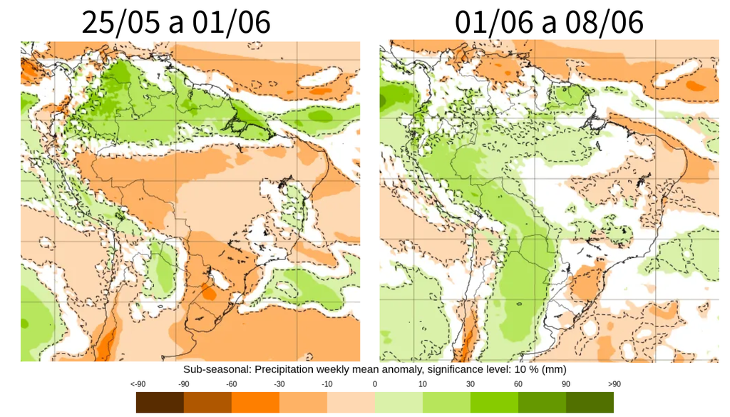 Previsão de anomalia semanal de precipitação (mm), segundo o ECMWF. Créditos: Elaborado por Meteored/Fonte: ECMWF. Previsão de anomalia semanal de precipitação (mm), segundo o ECMWF. Créditos: Elaborado por Meteored/Fonte: ECMWF.