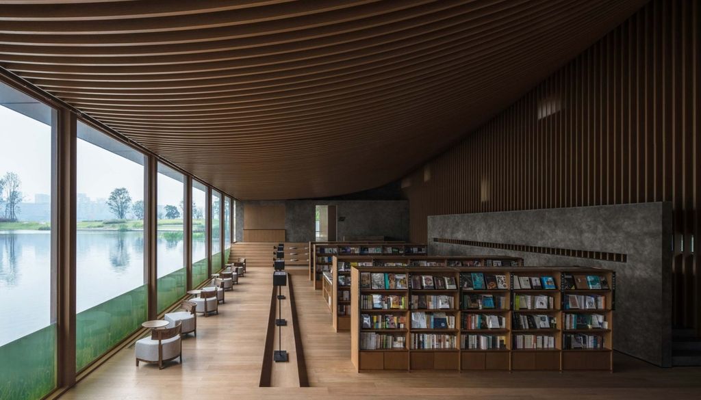 La luz natural atraviesa el agua del lago y proyecta reflejos cambiantes sobre el techo del área de lectura. Crédito: MUDA Architects y Arch Daily
