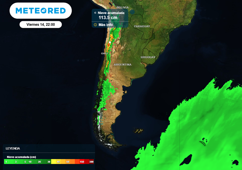nevadas Nieve acumulada entre el miércoles 12 y el viernes 14 de agosto.