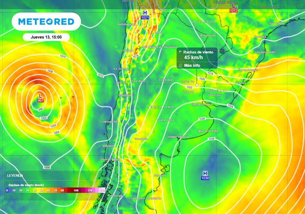ráfagas de viento del jueves 13 de agosto Ráfagas de viento para la tarde del jueves 13, entre la circulación de vientos asociada al sistema de altas presiones que se aleja del continente hacia el este, y el nuevo centro de baja presión desde el Pacífico que se aproxima desde el oeste.