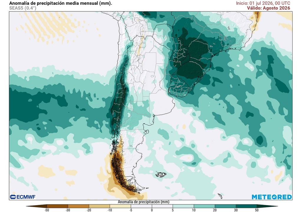 AGO 2026 Mapa de anomalías de precipitación media mensual prevista para agosto de 2026, de acuerdo con el modelo de referencia de Meteored, el ECMWF