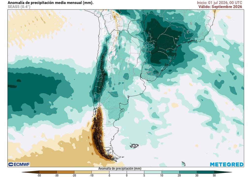 SET 2026 Anomalías de precipitación media mensual previstas por nuestro modelo de referencia, ECMWF, para septiembre de 2026.