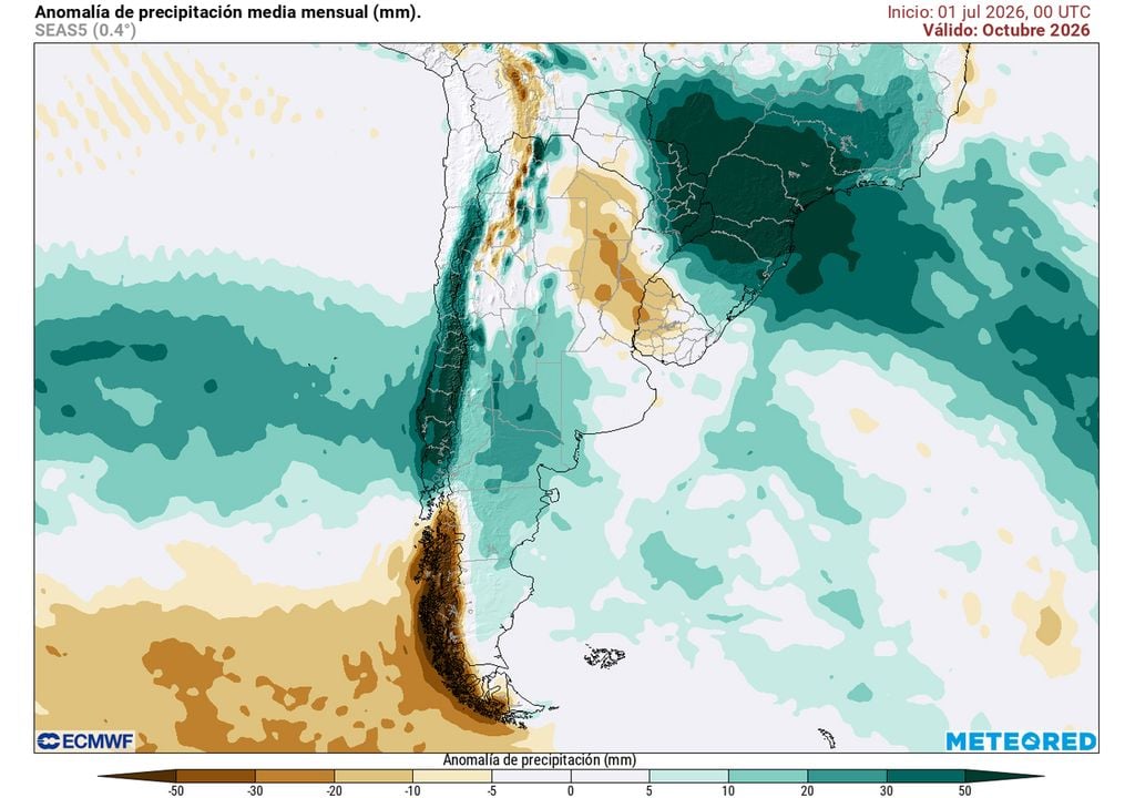 Octubre 2026 Mapa de anomalías de precipitación media mensual prevista para octubre, según el modelo ECMWF de Meteored