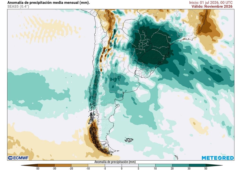 Noviembre 2026 Mapa de anomalías de precipitación media mensual prevista para noviembre de 2026.