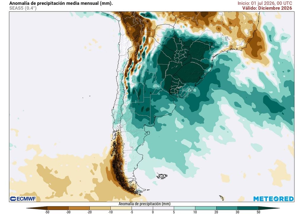 Diciembre 2026 Mapa de anomalías de precipitación media mensual prevista para diciembre de 2026, de acuerdo con el modelo de referencia de Meteored, el ECMWF