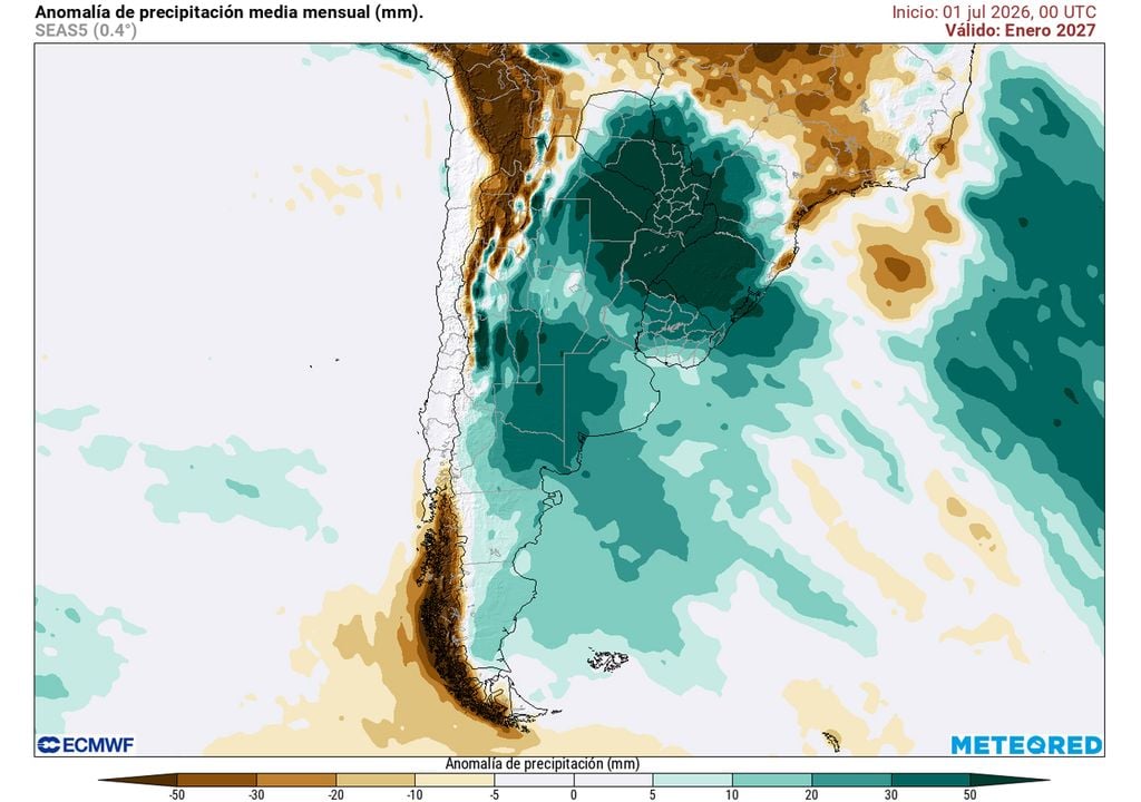 Enero 2027 Anomalías de precipitación media mensual previstas por nuestro modelo de referencia para enero 2027