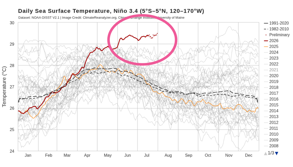TSM diária na região do Niño 3.4 entre 2008 e 2026, onde o círculo rosa destaca uma sequência de dias recorde desde junho de 2026. Créditos: Adaptado de Climate Reanalyzer. TSM diária na região do Niño 3.4 entre 2008 e 2026, onde o círculo rosa destaca uma sequência de dias recorde desde junho de 2026. Créditos: Adaptado de Climate Reanalyzer.