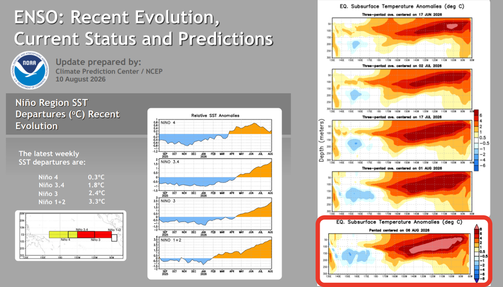 Atualizações semanais do boletim El Niño pela NOAA, com o retângulo vermelho destacando o aumento da escala para 8°C. Créditos: Meteored/Adaptado de NOAA.