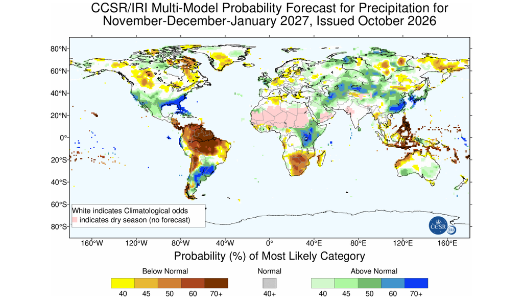 A América do Sul concentra uma das maiores extensões de áreas com elevadas probabilidades de chuva acima e abaixo da média na previsão global para novembro de 2026 a janeiro de 2027. Créditos: IRI. A América do Sul concentra uma das maiores extensões de áreas com elevadas probabilidades de chuva acima e abaixo da média na previsão global para novembro de 2026 a janeiro de 2027. Créditos: IRI.