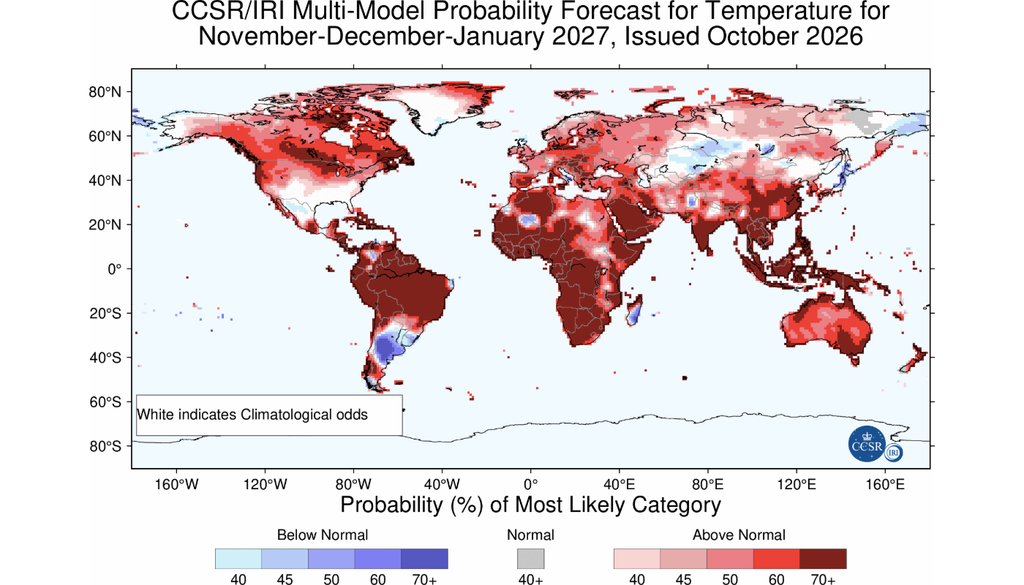 Previsão probabilística de temperatura global para o trimestre novembro-dezembro-janeiro, segundo o IRI. Créditos: IRI. Previsão probabilística de temperatura global para o trimestre novembro-dezembro-janeiro, segundo o IRI. Créditos: IRI.