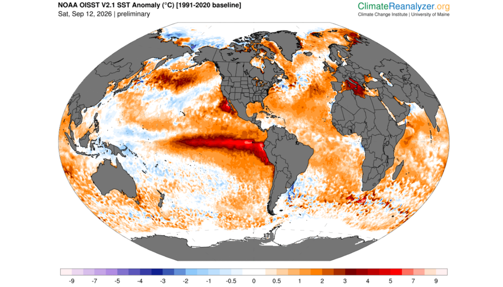 A anomalia da superfície do mar em 12 de setembro de 2026 ressalta um Pacífico excepcionalmente quente em meio a um globo praticamente todo aquecido. Créditos: Climate Reanalyzer. A anomalia da superfície do mar em 12 de setembro de 2026 ressalta um Pacífico excepcionalmente quente em meio a um globo praticamente todo aquecido. Créditos: Climate Reanalyzer.