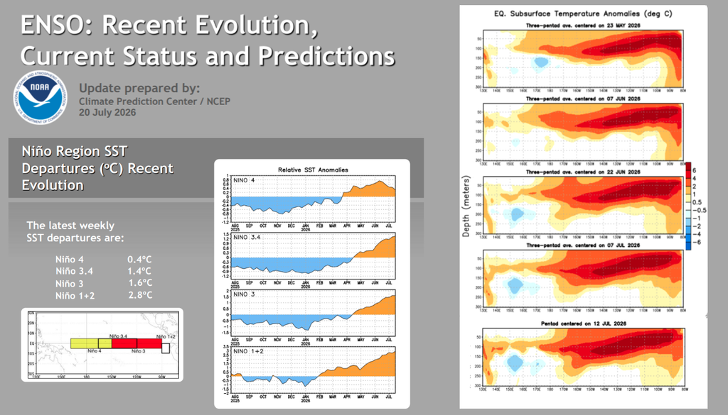 Resumo do boletim semanal da NOAA mostrando as anomalias de temperatura da superfície do mar e a evolução térmica da camada subsuperficial do Pacífico Equatorial. Créditos: Elaborado por Meteored com mapas do CPC/NOAA. Resumo do boletim semanal da NOAA mostrando as anomalias de temperatura da superfície do mar e a evolução térmica da camada subsuperficial do Pacífico Equatorial. Créditos: Elaborado por Meteored com mapas do CPC/NOAA.