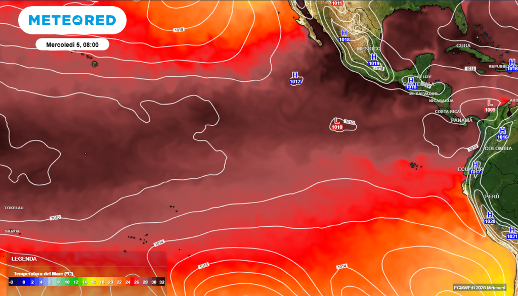 El Niño. Durante gli anni di El Niño gli alisei si indeboliscono o si invertono. Le acque calde si espandono verso est, il termoclino si approfondisce nel Pacifico orientale e l’upwelling si riduce drasticamente. La temperatura superficiale del mare può aumentare di +1°C fino a +3°C.