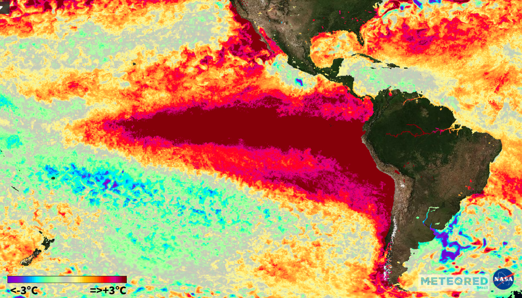 Anomalia de temperatura da superfície do mar no último dia 17 de outubro de 2026, com uma ampla região do Pacífico com valores acima de 3°C. Créditos: NASA Worldview/Meteored.
