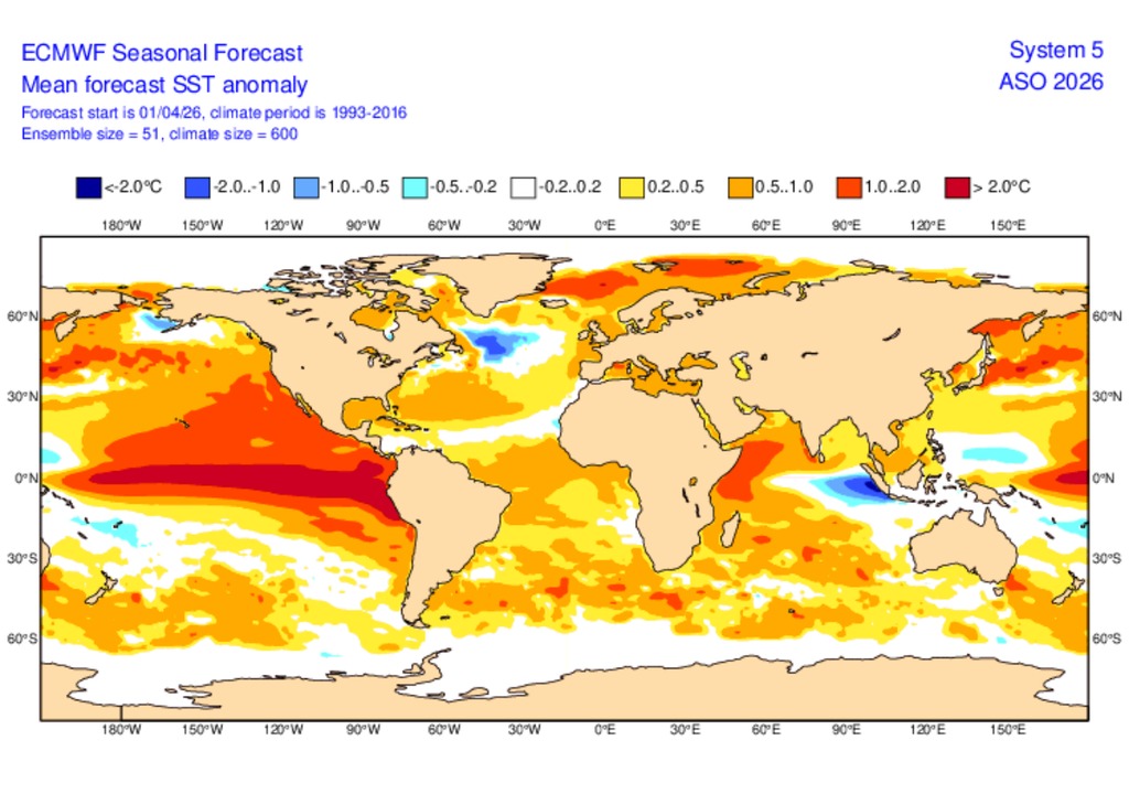 O modelo ECMWF prevê anomalias de temperatura da superfície do mar superiores a 2°C na primavera. Créditos: ECWMF.