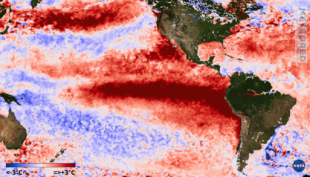 Anomalia de temperatura da superfície do mar registrada no último dia 19 de setembro de 2026, com destaque para uma ampla região do Pacífico acima de 3°C. Créditos: Meteored/NASA.