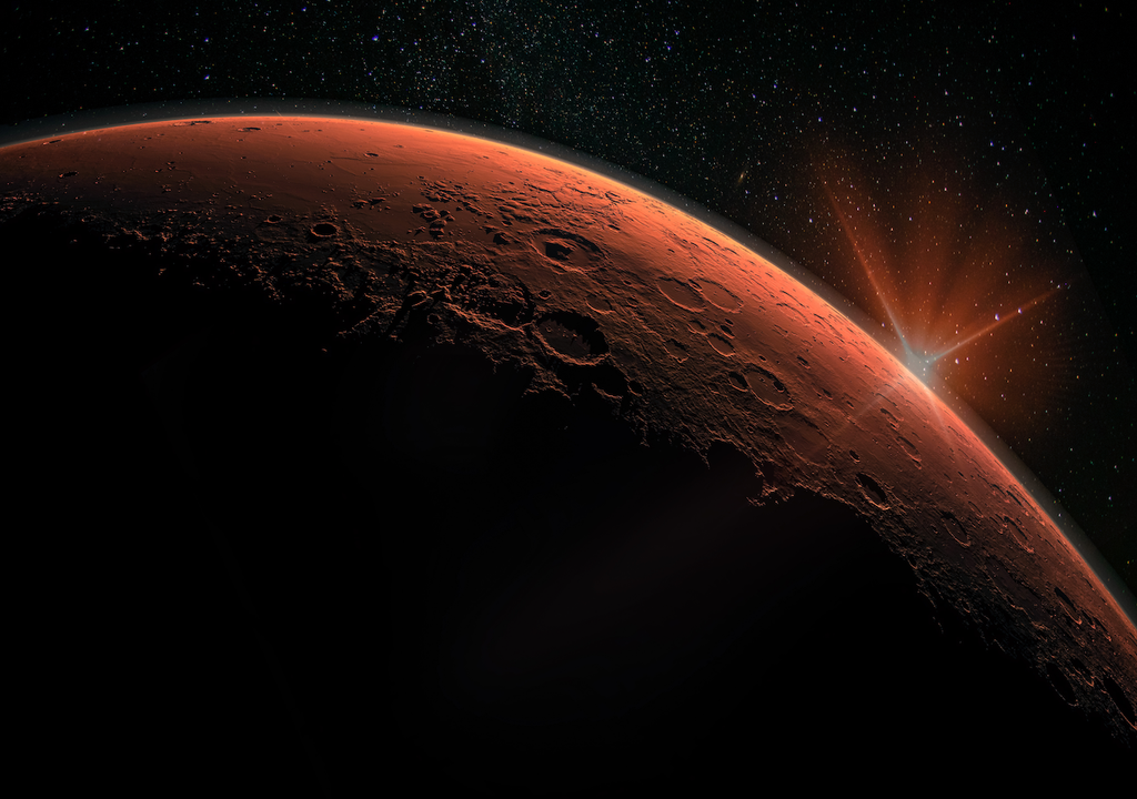 Sonnenaufgang auf dem Roten Planeten: Mars zeigt seine dünne Atmosphäre, die bei Sonnenstürmen wie im Mai 2024 besonders stark reagiert. Bildmaterial: NASA.