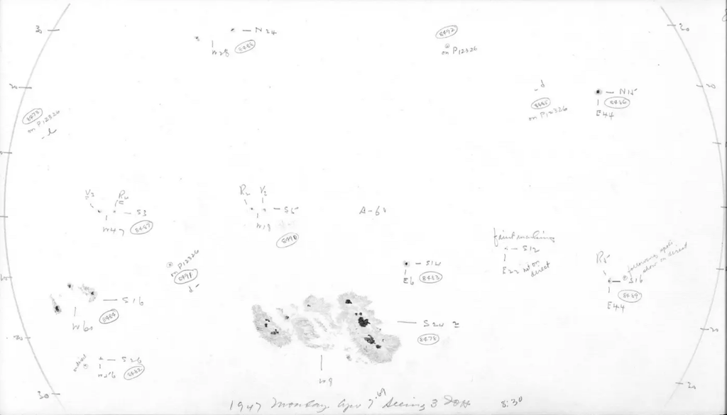 Historische handgezeichnete Illustration des großen Sonnenflecks, der am Sonntag im April 1947 sichtbar war. Historische handgezeichnete Illustration des großen Sonnenflecks, der am Sonntag im April 1947 sichtbar war. Bild: Mount Wilson Observatory