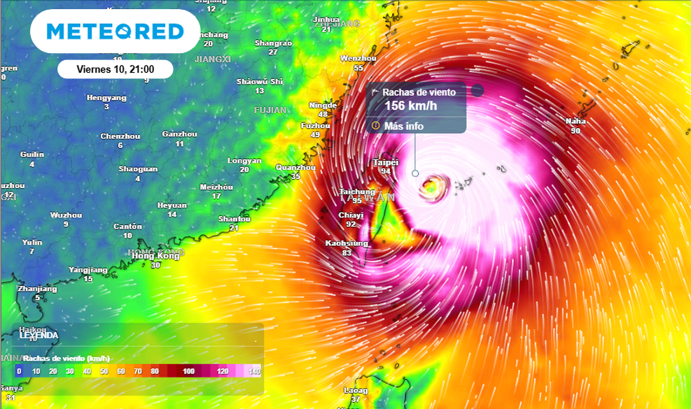 Rachas previstas por el modelo Control ECMWF en km/h para Bavi a fecha 10 de julio de 2026 19 UTC, afectando a Taiwán. Tiempo.com