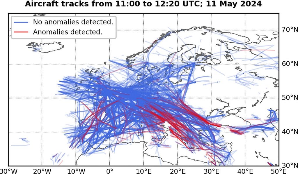 Trayectorias de vuelo durante el 11 de mayo de 2024 desde las 11:00 hasta las 12:20 UT sin anomalías (azul) y con anomalías detectadas (rojo). Fuente: Erik Schmölter, Jens Berdermann. Space Weather, 2025. https://doi.org/10.1029/2025SW004718