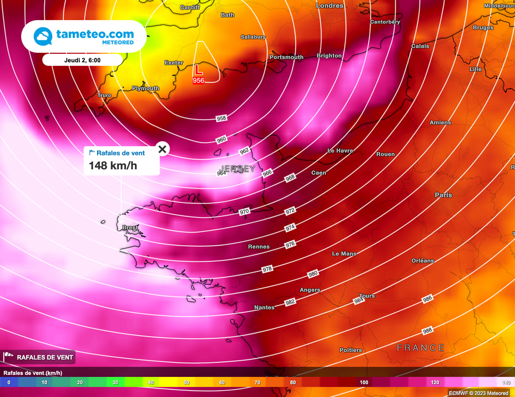 Rafales très violentes annoncées sur le littoral breton avec des pointes pouvant atteindre les 150km/h.