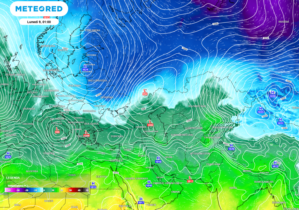 Gelo. Il vasto serbatoio di aria gelida presente sul nord dell'Eurasia, dove i termometri scendono sotto la soglia dei -40°C.