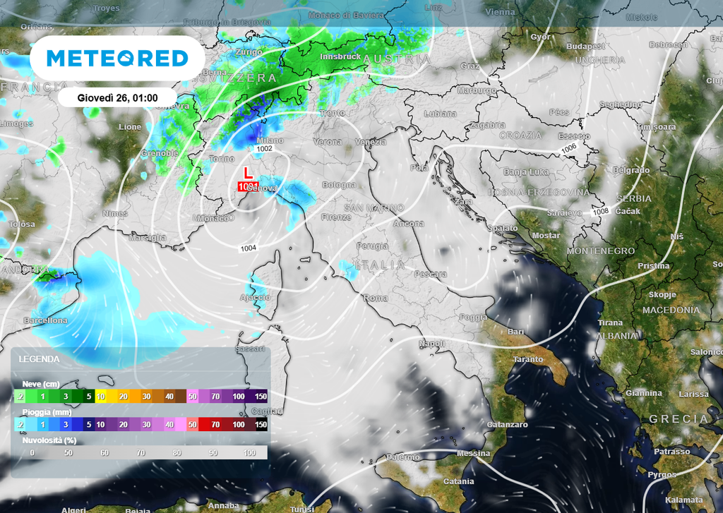 Tra la sera di mercoledì 25 e la notte su giovedì 26 si dovrebbe formare un minimo depressionario sul Mar Ligure, in grado di fare da fulcro per il maltempo in arrivo con aria polare al seguito.