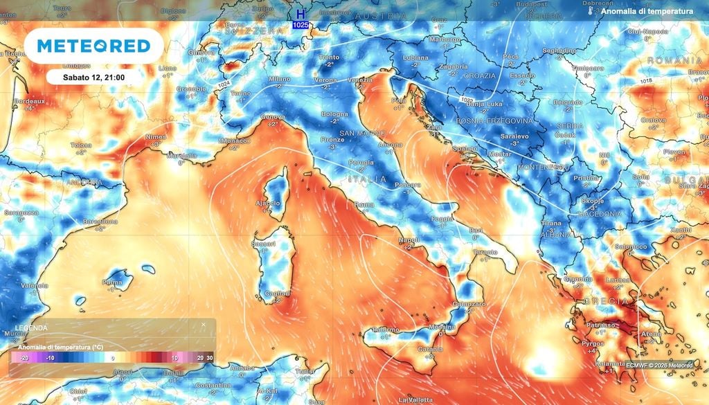 Finalmente una mappa di anomalie termiche con colore dominante azzurro, ovvero con temperature sotto la media, specie al nord e versante Adriatico.