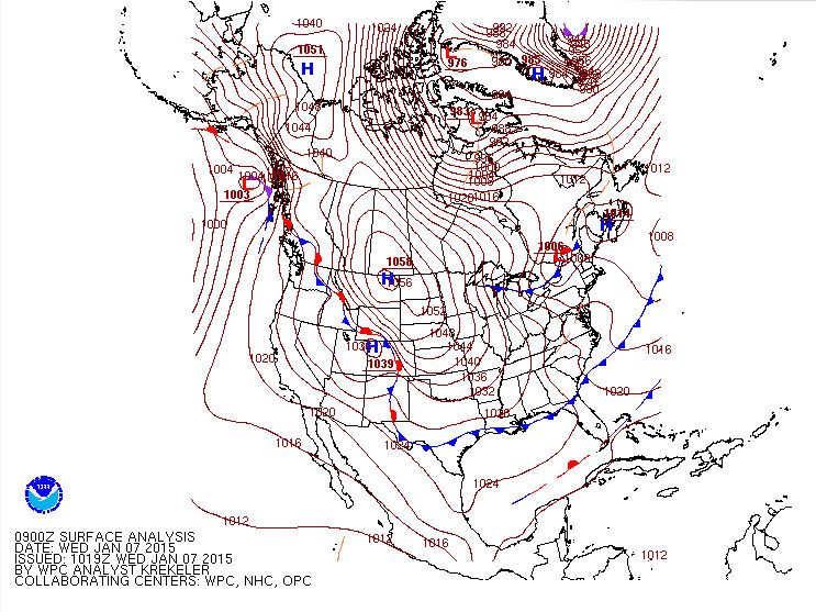 También En Eeuu Se Han Batido Récords De Altas Presiones Análisis de superficie del 7 de enero de 2015 a las 09 UTC. Fuente: NOAA.
