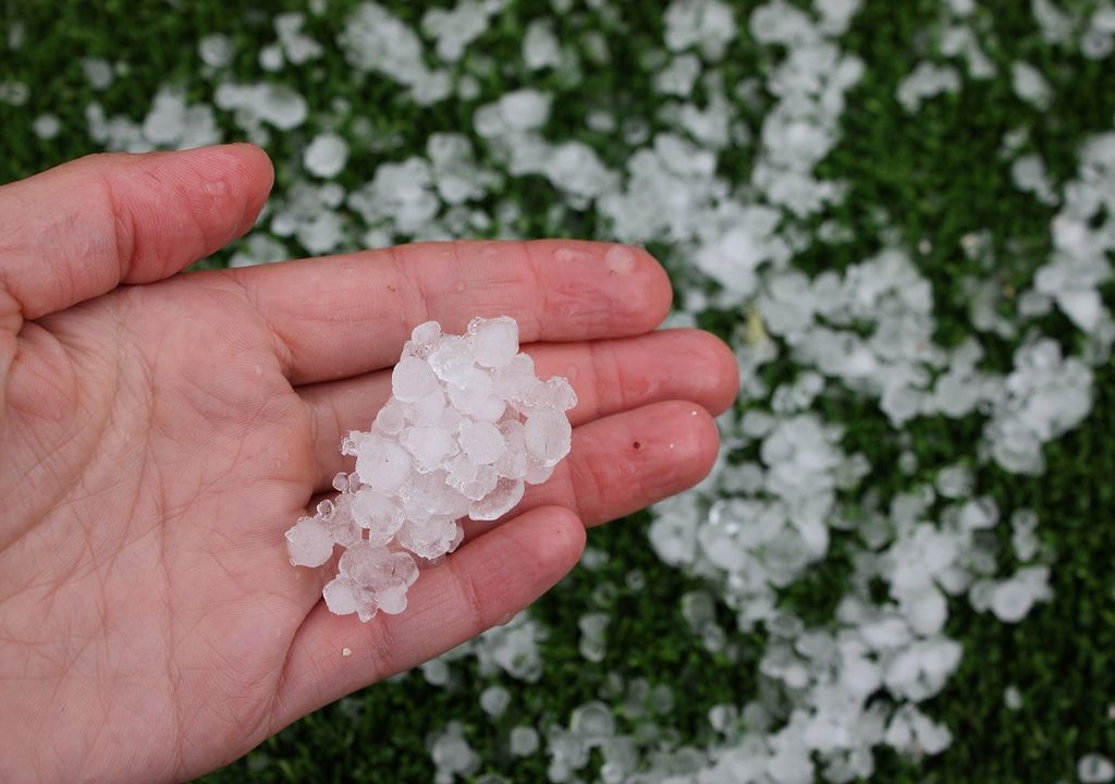 persona con piedras de granizo en su mano, recogidas del suelo persona con piedras de granizo en su mano, recogidas del suelo