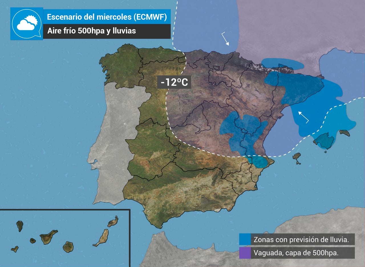 Distribución de las lluvias hasta las 00H del jueves y escenario a 500hpa esta misma medianoche.