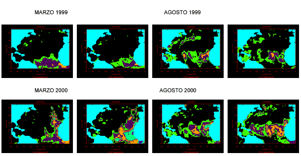 Figura 3.- Índices de espesor óptico y su distribución en el Atlántico central . Se observan valores más altos y una distribución más amplia para el segundo año de estudio ( 2000).
