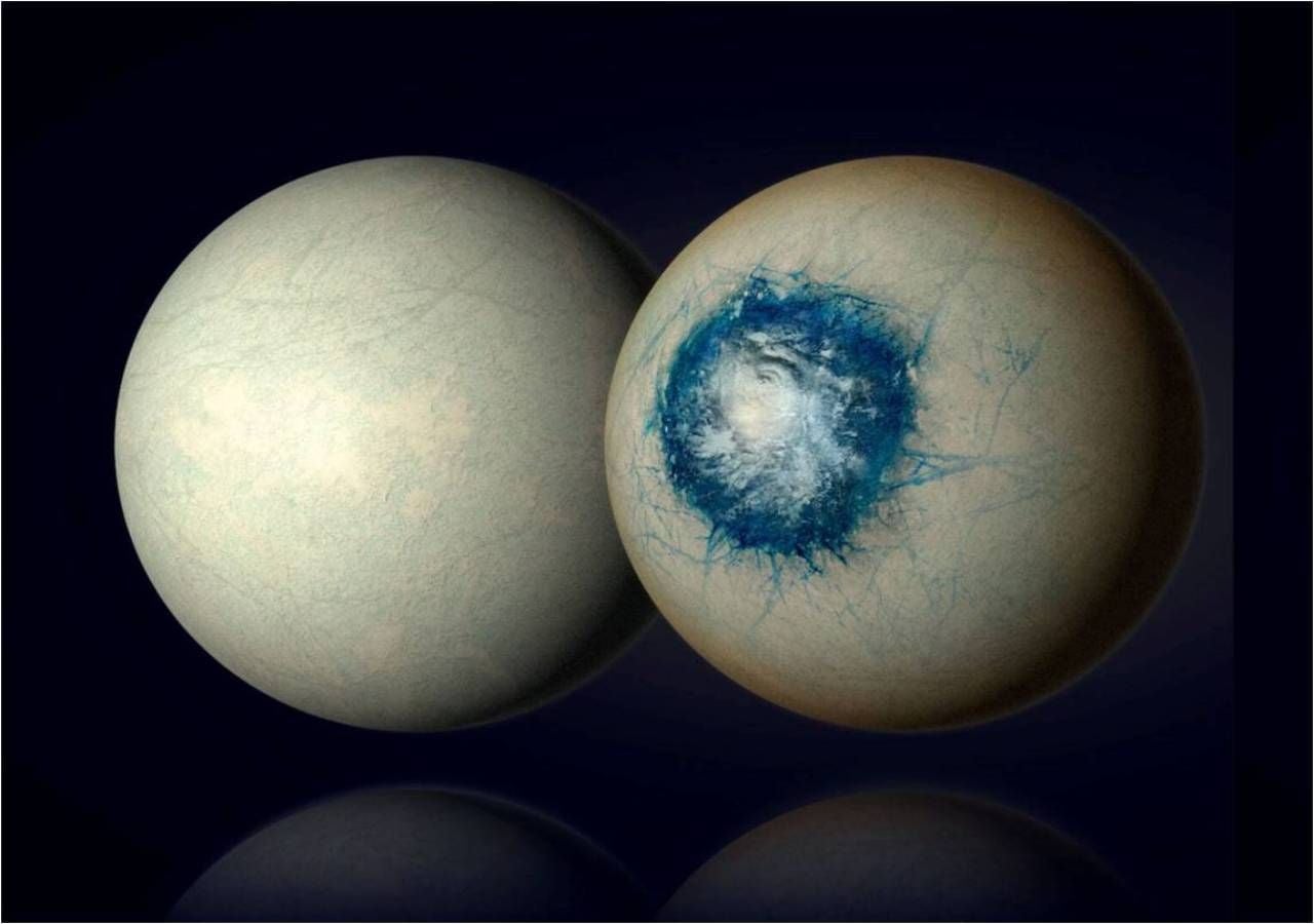 O exoplaneta LHS 1140b pode ser um mundo completamente coberto de gelo (imagem da esquerda), semelhante à lua Europa de Júpiter, ou ser um mundo de gelo com um oceano líquido e uma atmosfera nublada (imagem do centro). Crédito: B. Gougeon/Universidade de Montreal