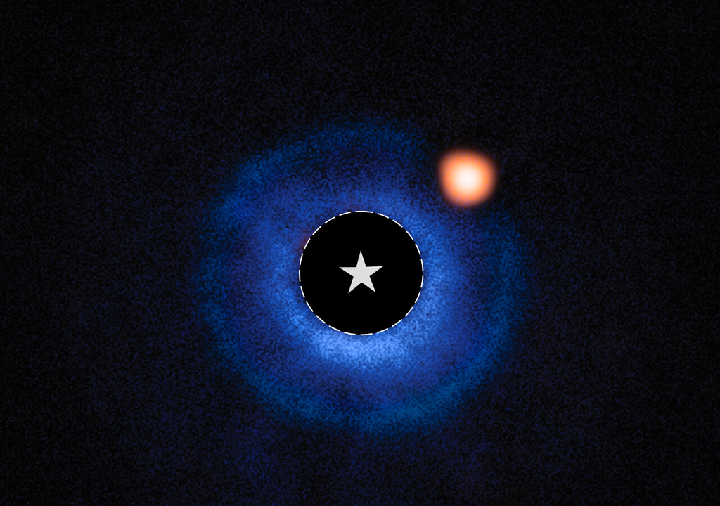 Exoplaneta foi observado usando técnicas do JWST que possibilita observar o exoplanetas diretamente. Crédito: JWST/NASA
