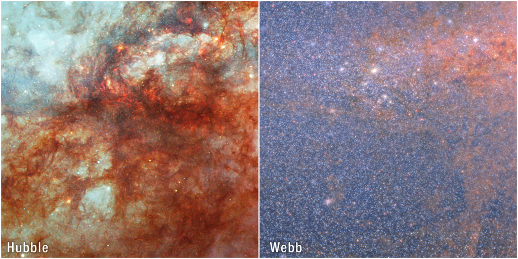 Confronto tra una porzione della galassia Messier 82 (M82), caratterizzata da un'intensa formazione stellare, osservata dai telescopi spaziali Hubble (a sinistra) e James Webb (a destra) della NASA. Hubble ha mostrato la struttura di gas e polveri della galassia, mentre Webb è riuscito a penetrare le nubi di polvere rivelando milioni di stelle nella luce infrarossa. Immagine: NASA, ESA, CSA, Adam Smercina (STScI, Tufts), Thomas Williams (Università di Manchester); elaborazione: Alyssa Pagan (STScI).
