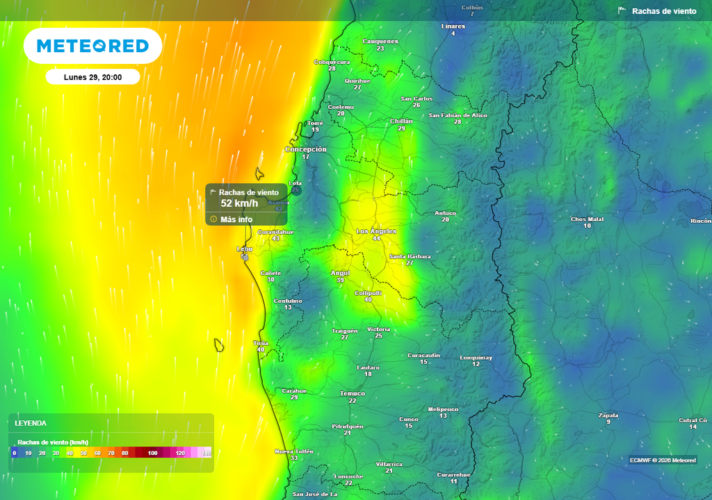 Rachas de viento (km/h) para la noche del lunes (29) en las regiones de Ñuble y Biobío.
