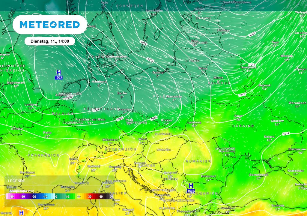 Temperatur, 850 hPa, kalte Polarluft Am Dienstag gibt es eine Abkühlung. Kalte Polarluft wird durch das Skandinavientief nach Norddeutschland gedrückt. Die Bodentemperaturen fallen stark. Im Vergleich zum Wochenende mit einem Unterschied bis zu 11 °C.