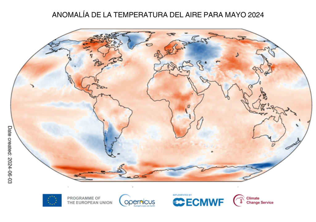 Anomalía de la temperatura del aire en superficie para mayo de 2024 en relación con el promedio de mayo para el período 1991-2020. Fuente de datos: ERA5. Crédito: Servicio de Cambio Climático Copernicus/ECMWF. Anomalía de la temperatura del aire en superficie para mayo de 2024 en relación con el promedio de mayo para el período 1991-2020. Fuente de datos: ERA5. Crédito: Servicio de Cambio Climático Copernicus/ECMWF.