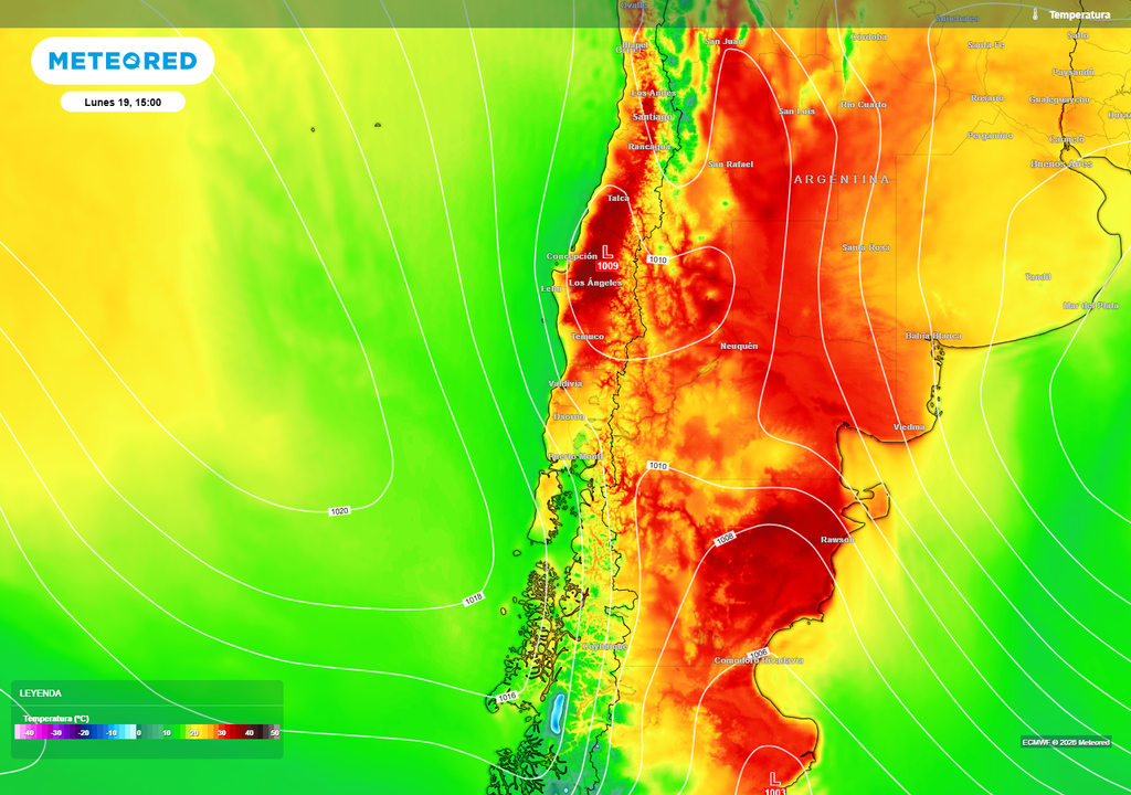La configuración sinóptica favorecerá el viento del este, más cálido, sobre el centro sur de Chile a comienzos de la próxima semana.