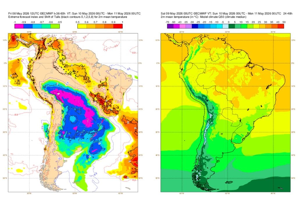 Modelo indica avanço intenso do ar polar sobre o centro-sul da América do Sul, com temperaturas abaixo do padrão entre 11 e 12 de maio.