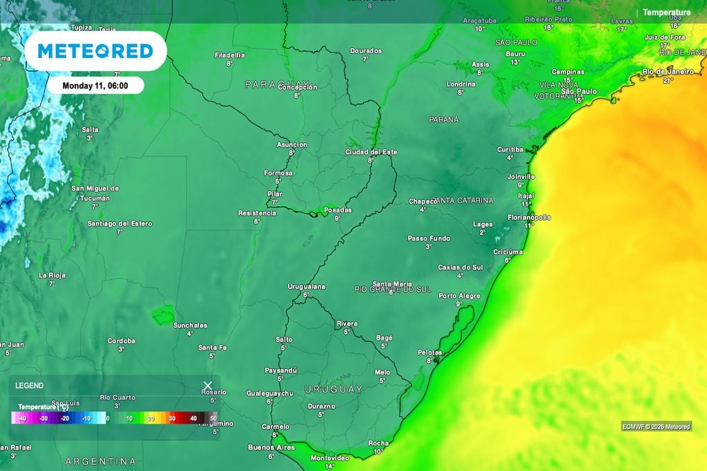 Previsão de temperatura para a manhã de segunda-feira indica frio intenso no Sul, com marcas baixas no RS, SC e PR após o avanço do ar polar.