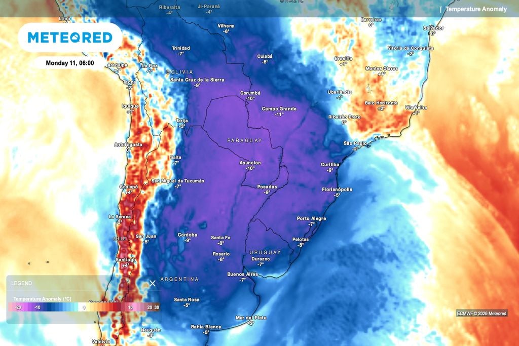 Anomalia de temperatura mostra ar polar intenso sobre o centro-sul da América do Sul, com frio até 11°C abaixo da média em áreas do Brasil.