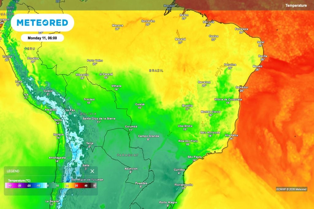 Temperatura prevista para a manhã de segunda-feira mostra o ar polar avançando pelo interior do Brasil, com frio forte no Centro-Oeste, Sudeste e Norte.