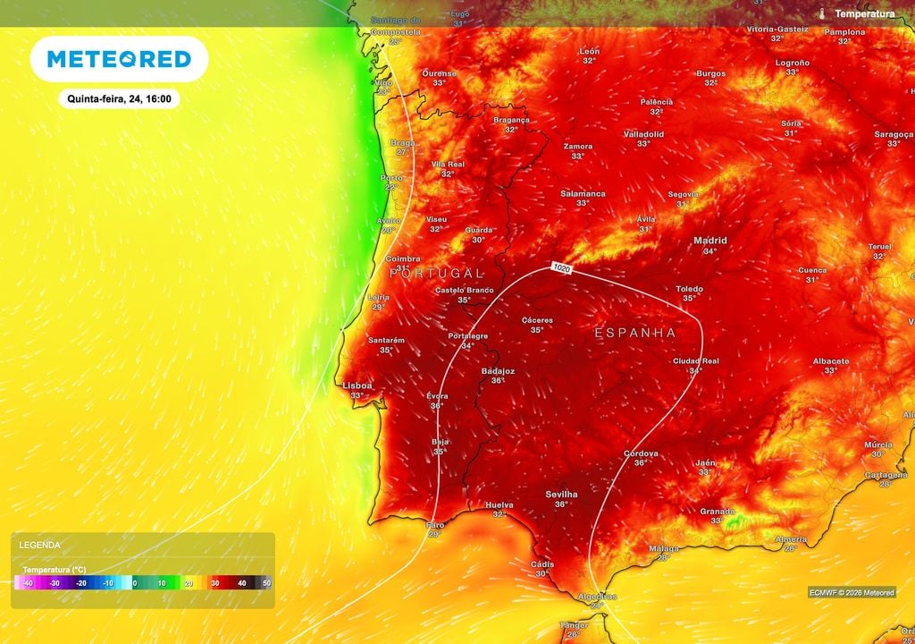Na quinta-feira, as temperaturas máximas deverão continuar elevadas no continente, com os valores mais altos previstos no interior Centro e Sul.
