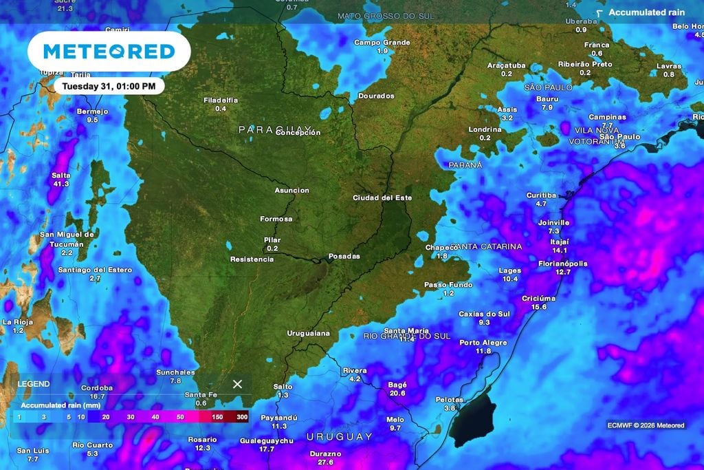 Mapa de chuva acumulada para 31 de março mostra baixos volumes em grande parte do Paraná e reforça o contraste com áreas mais úmidas do Sul do Brasil. FONTE: ECMWF.