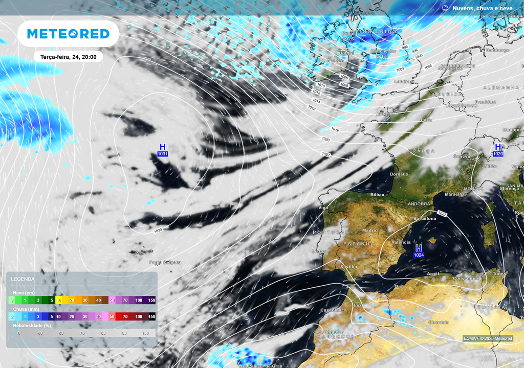 Portugal sob influência anticiclónica, protegido por dois centros de alta pressão que garantem tempo estável e ausência de precipitação.