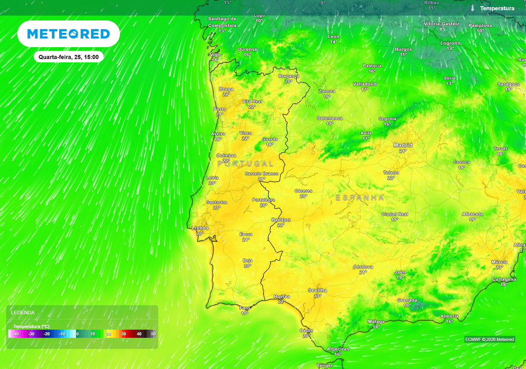 Tarded de quarta-feira, dia 25, amena a quente para a época, com máximas entre 20 e 24 ºC em várias regiões do Centro e Sul.