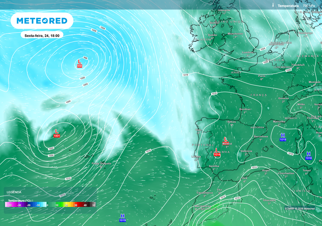 Ciclone no Atlântico Norte direciona ar mais frio para a Península Ibérica, promovendo descida das temperaturas.