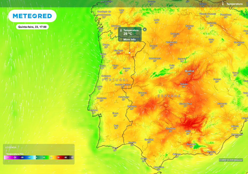 Recuperação térmica significativa durante o dia, com temperaturas até 29 °C no interior Norte e litoral mais fresco.
